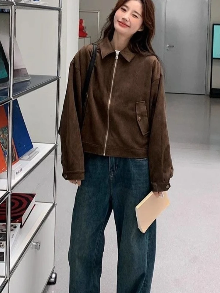 

2025 New Women's Caramel Retro Jacket Short Sleeve Loose Fitting American Style Versatile Spring Fall Top