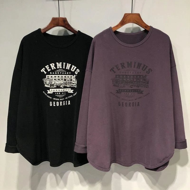 

Женская свободная футболка больших размеров с длинным рукавом, тонкий базовый слой, весенне-осенний топ, модный, скрывающий живот, повседневный, для работы и отдыха