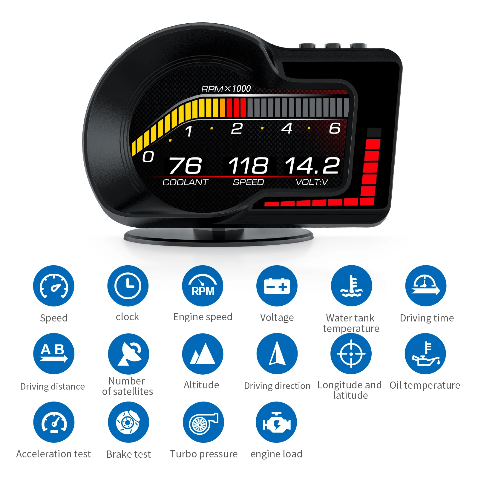 Hot Selling Multi-Language F15 OBD2+GPS Ambient light + Acceleration test 3-inch LCD GPS Speedometer HUD with 6 Alarms Function