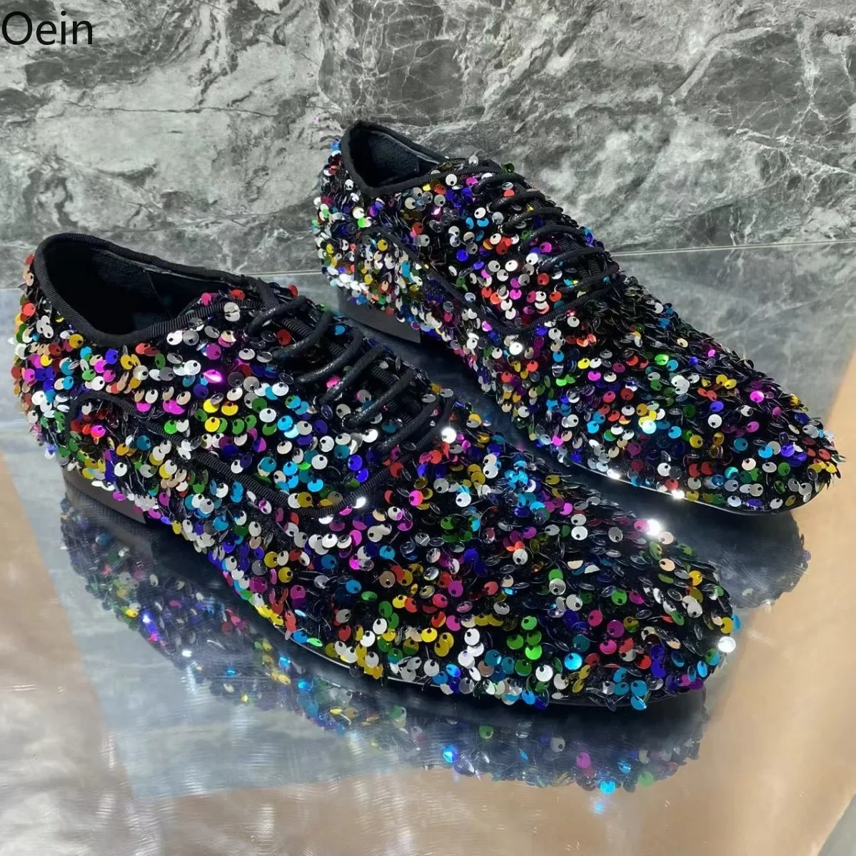 Mens Sequins Bling Rainbow Colors Lace Up Wingtips Low Heel Pointed Toe Party Wedding Shoes Dress New 2025