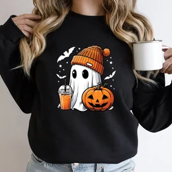 Women Fashion Creative Halloween Ghost Pumpkin Bat Print Pullovers Ladies Long Sleeves Halloween Hoodeless Sweatshirts