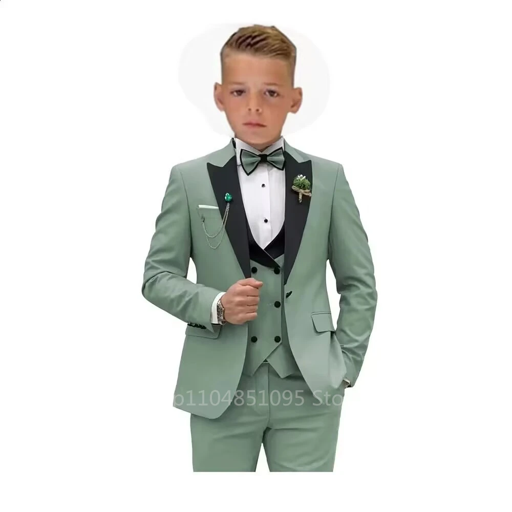 

Matcha Green Boys Suit 3 Piece Suit Peak Lapel Jacket Pants Vest Wedding Kids Tuxedo Formal Style Party Boys Slim Fit Kid Suits