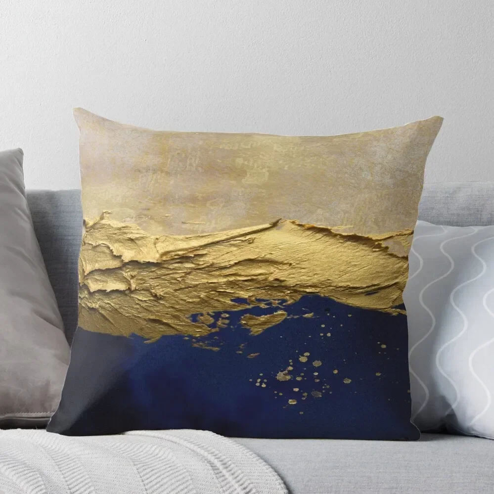 

Golden Tranquility: Abstract Oil Painting of a Calming Blue abstract scene with gold paint effect. Throw Pillow