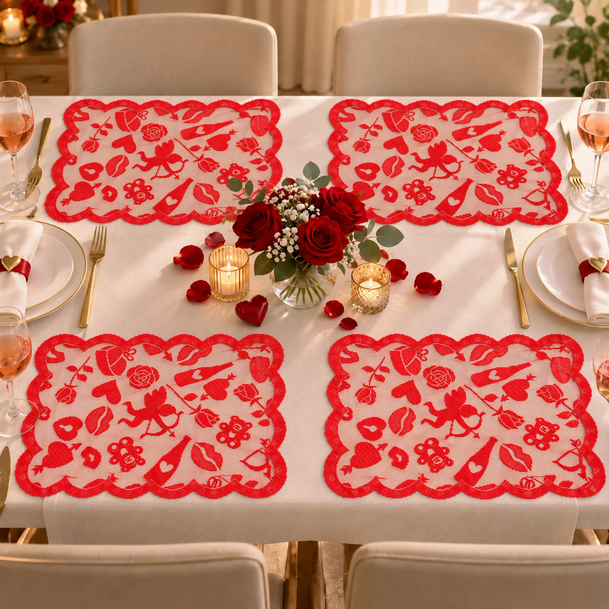 Valentine 4Pcs Red Lace Placemats, Hollow Cupid Rose Heart Design, Romantic Table Mats for Wedding Anniversary Dinner Decor