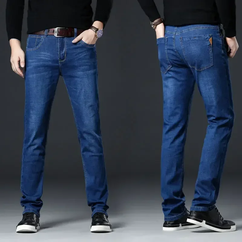 Autumn Winter Men\'s Fleece Warm Jeans Fashion Business Long Pants Retro Classic Denim Trousers Casual Stretch Slim Jeans Durable