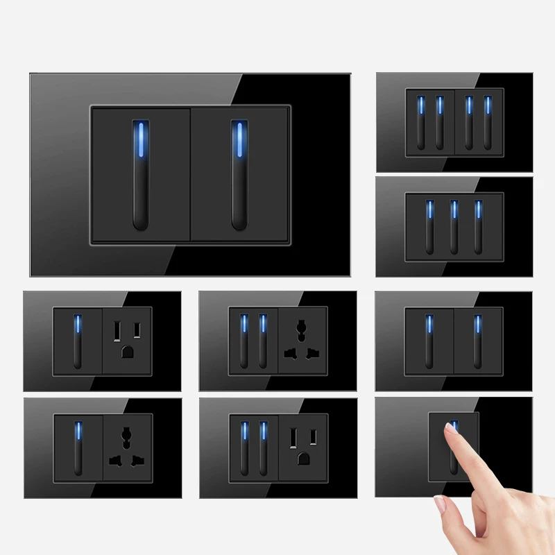 ELEGAN Model 118 Reset Piano Key Black Tempered Glass USA Mexico Universal Socket Wall Light Button Switch Socket LED Indicator