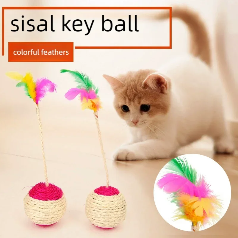 Pet Cat Toy Colorful Feather Sisal Ball Interactive Play Shuttlecock Ball For Cats Grinding Claw Training Entertainment Toy