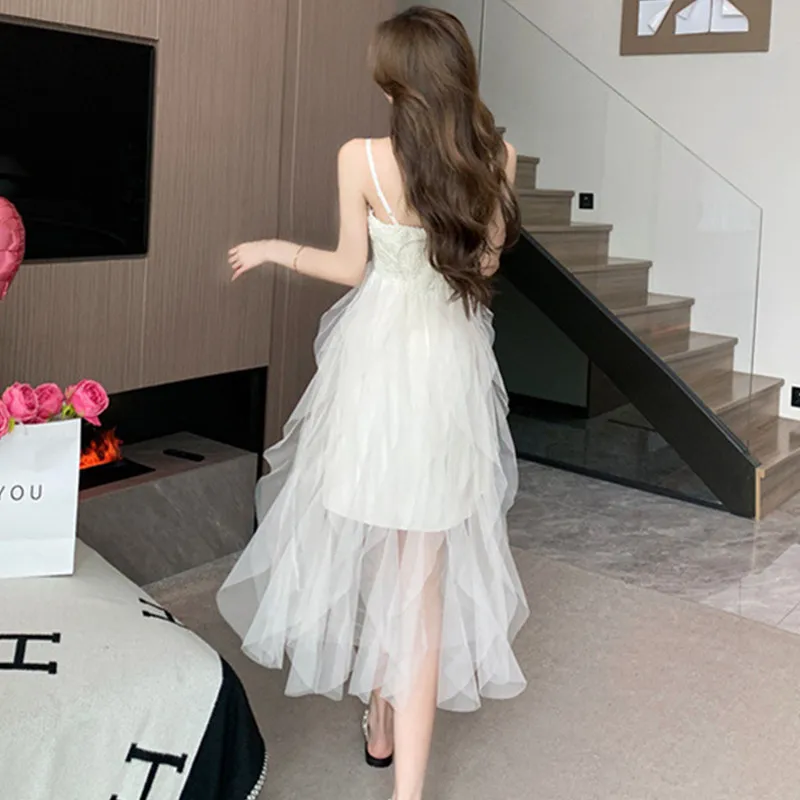 Fairy Wind Gauze Little White Dress Women's Summer Can Usually Wear Breast Slip Dress Female Desire Spice Girl Sexy Dresses 2961