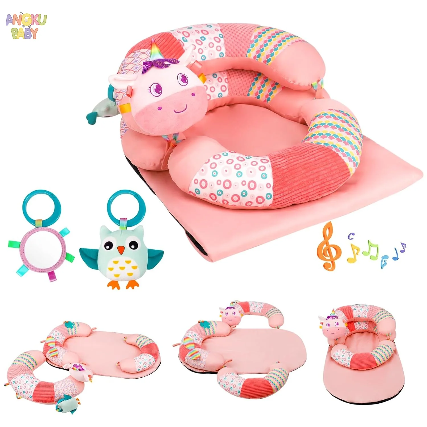 

3 in 1 Baby Play Mats with Pillow & Toys Stable Tummy Time Mat Seated Support Non-Slip Carpet activities for 0-36 Months Newborn