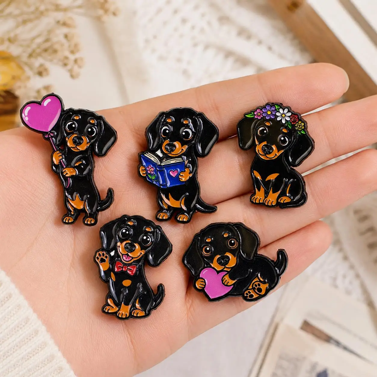 5pcs Dachshund Enamel Pin Set Cartoon Dog Brooch For Coat Women's Brooches Collar Lapel Pins Metal Badges Jewelry Gift
