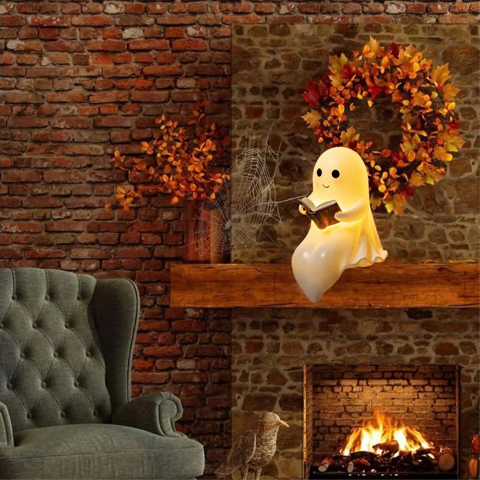Ghost Reading Lantern Cute Ghost Night Light Halloween Resin Figurine Decoration for Bedroom Study Bedside Bookshelf Kid's Room