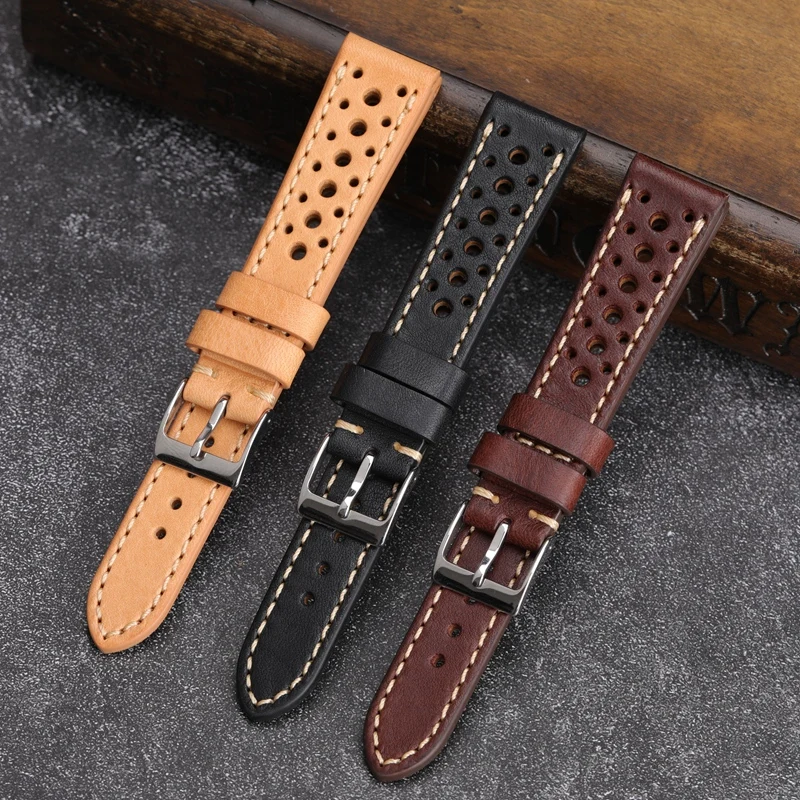 Genuine Leather Breathable Porous Watch Band 18mm 19mm 21mm 20mm 22mm Vintage Cowhide Watch Strap Replacement Bracelet Belt