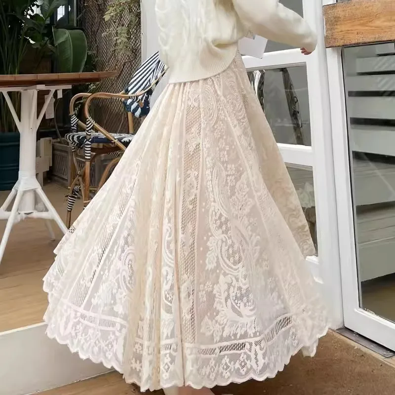 

Spring Autumn Sweet Floral Embroidery Lace Skirt Women Elastic High Waist Hollow Out Mesh Skirts Lady A Line Large Hem Long Saia