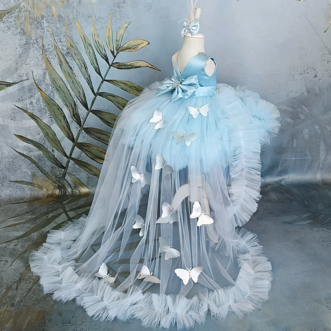 Customized Flower Girl Dress Sky Blue Tulle Puffy Butterfly Diamond With Bow For Wedding Birthday Prom Party Banquet Ball Gown