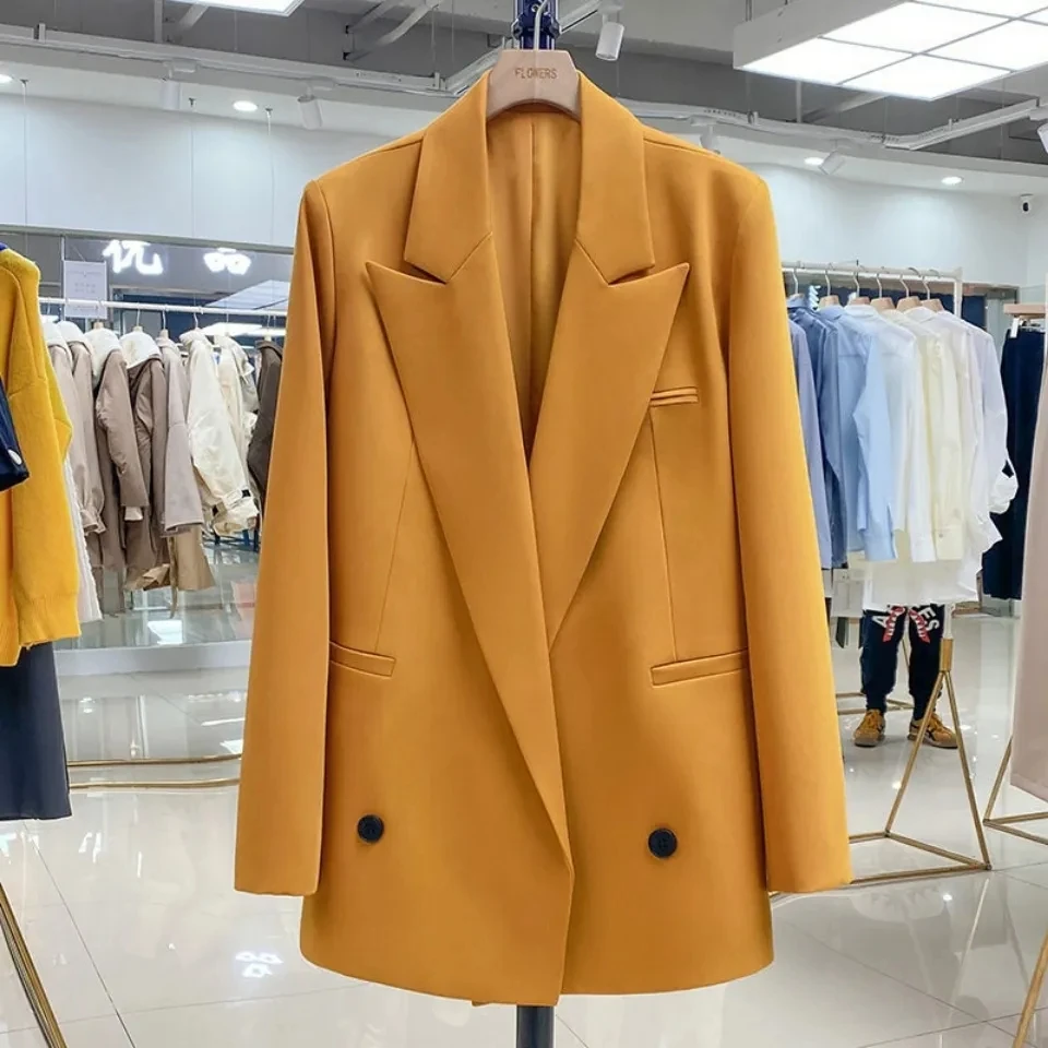 Women\'s Fashion Solid Blazer Autumn Winter Loose Suit Coat Office Lady Blazers Orange Black Jacket Lapel Outwear Pocket Tops