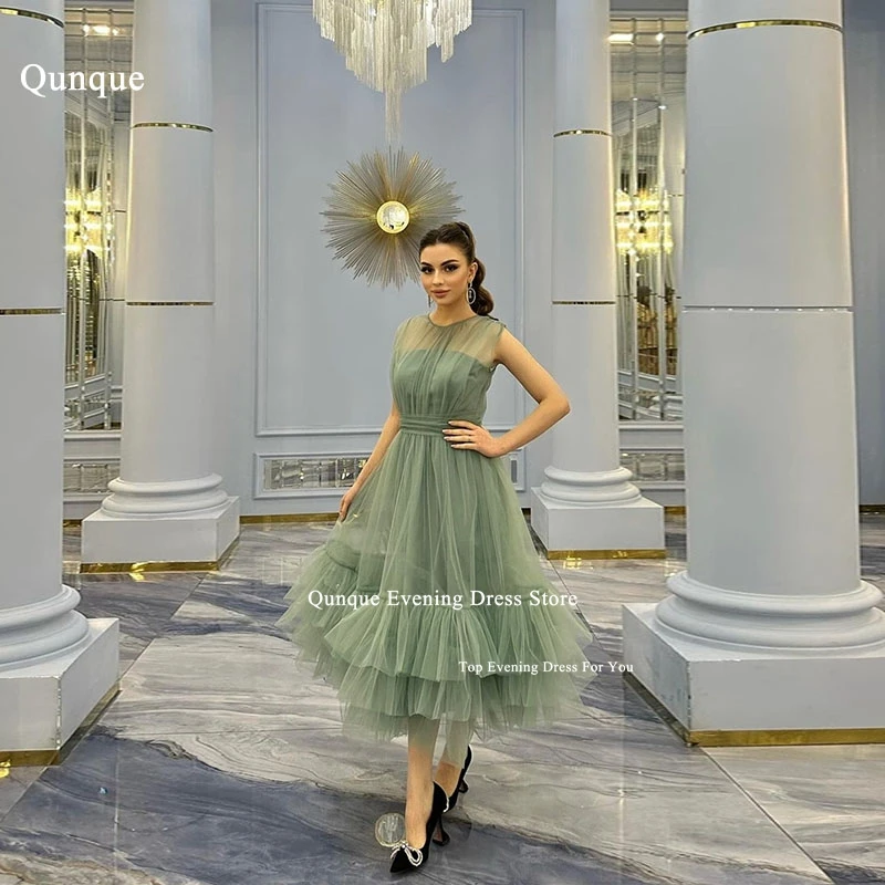 

Qunque Green Tea Length Evening Dress Abiti Da Cerimonia Customized Prom Gowns Tiered Tulle Scoop Neck A-line Vestidos De Noche