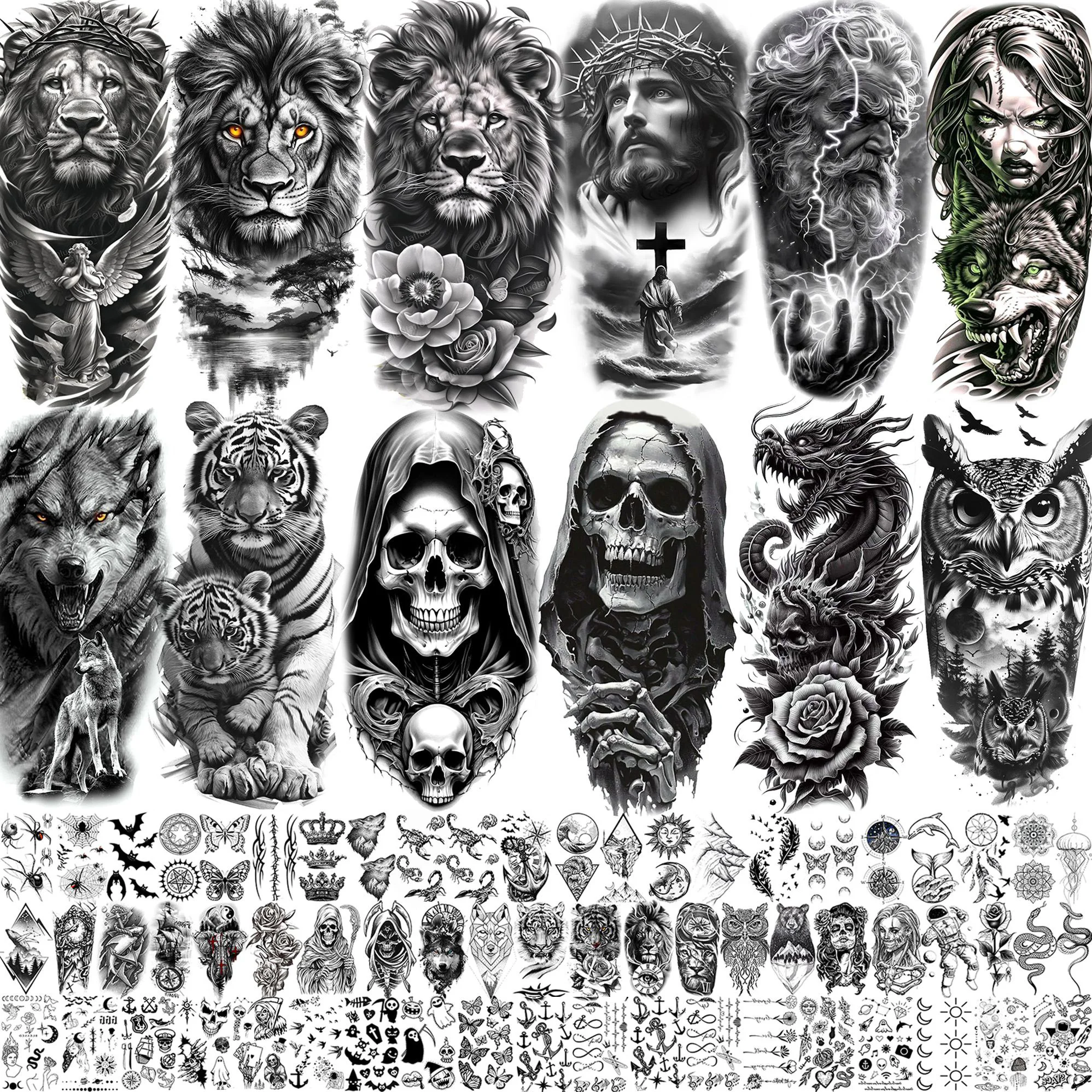 

75 Sheets Skull Tiger Jesus Temporary Tattoos For Men Women Halloween Zeus God Poseidon Realistic Arm Hands Fake Tattoo Stickers