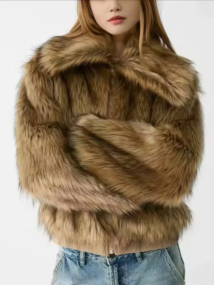 ZADORIN Winter Hairy Oversized Raccoon Fluffy Faux Fur Coat Woman Motorcycle Lapel Faux Fur Jacket Woman Clothing Brown Fur Coat