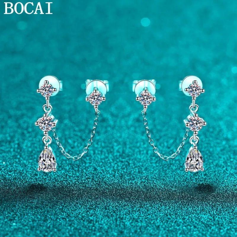 

BOCAI NEW S925 Sterling Silver Fashionable And Simple Inlaid With Moissanite Tassels Double Ear Needles Earrings Women's Gifts