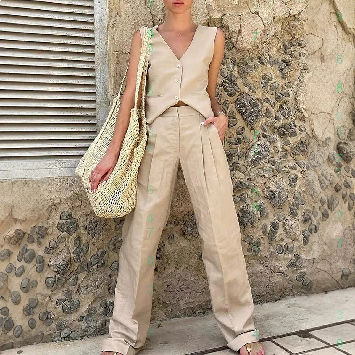 

Sleeveless Vest Top Straight Leg Pants Cotton Linen Two Piece Matching Set Jumpsuit Playsuit