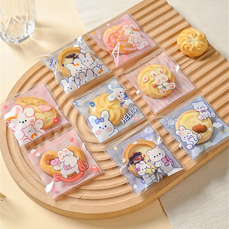 

100Pcs 7x7+3cm Plastic Cartoon Animal Printed Clear Self-Adhesive Bakery Packaging Cookie Snack Candy Bags Birthday Party Gift