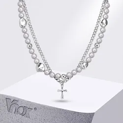 Vnox Cross Pendant Necklaces for Men Women, White Roudn Beads Chain Collar, Steel Cuban Long Tassel Boho Statement Necklace