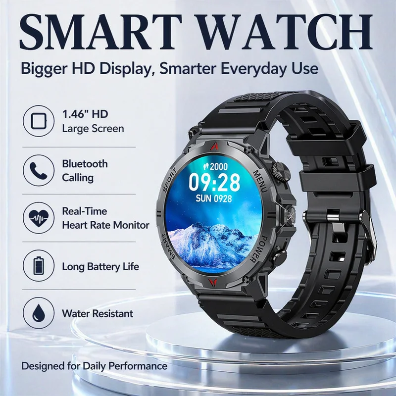 2026 New 1.46 "HD Screen Sports Smart Watch with Bluetooth Call IP68 Waterproof Heart Rate Sleep Built in Flashlight Smartwatch