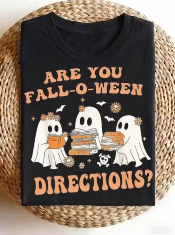 Bookish Ghost Shirt Women Halloween Teacher Tee Are You Fall O Ween Directions Letter Print Graphic T Shirts Casual O Neck Top