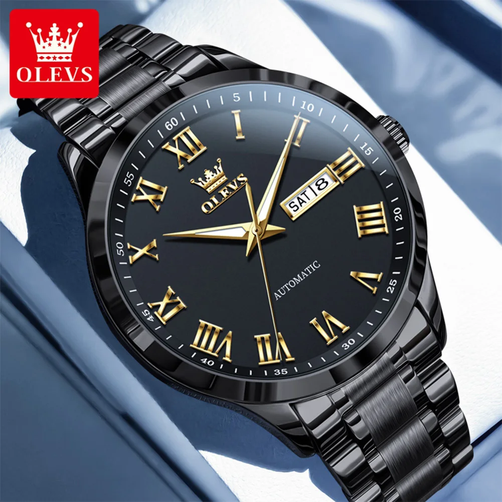 OLEVS 7075 Stainless Steel Mechanical Men's Watches Roman Scale Auto Date Waterproof Luminous Luxury Business Automatic Watches
