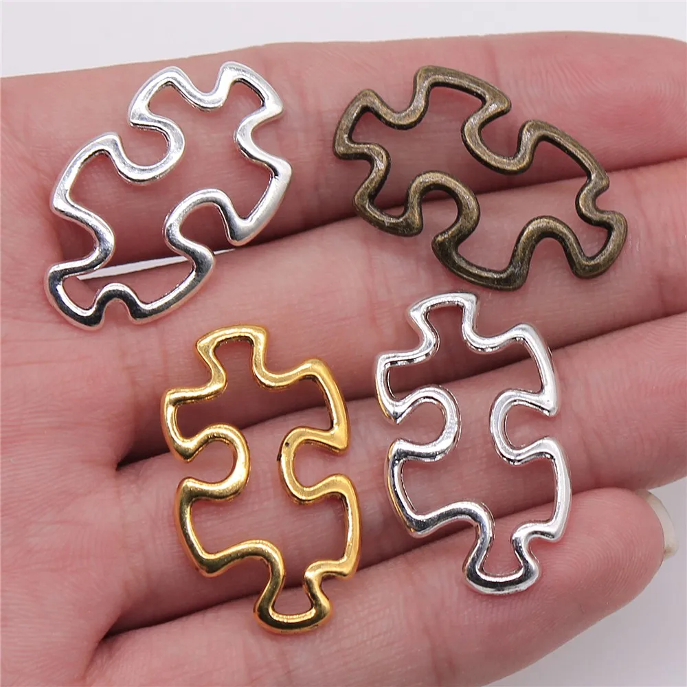 WYSIWYG 20pcs Charms Jigsaw Puzzle Piece Autism Awareness 30x18mm Tibetan Pendants Antique Jewelry Making DIY Handmade Craft