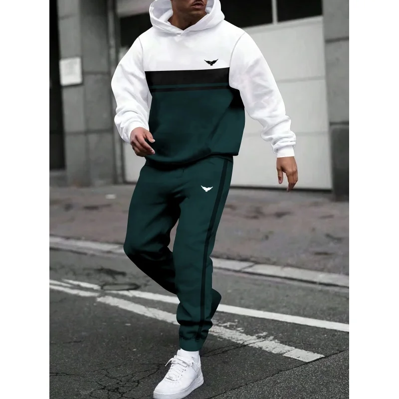 

Men's two-piece fleece hooded sweatshirt sweatpants autumn and winter sweater knitted letter print fitness jogging hooded suit