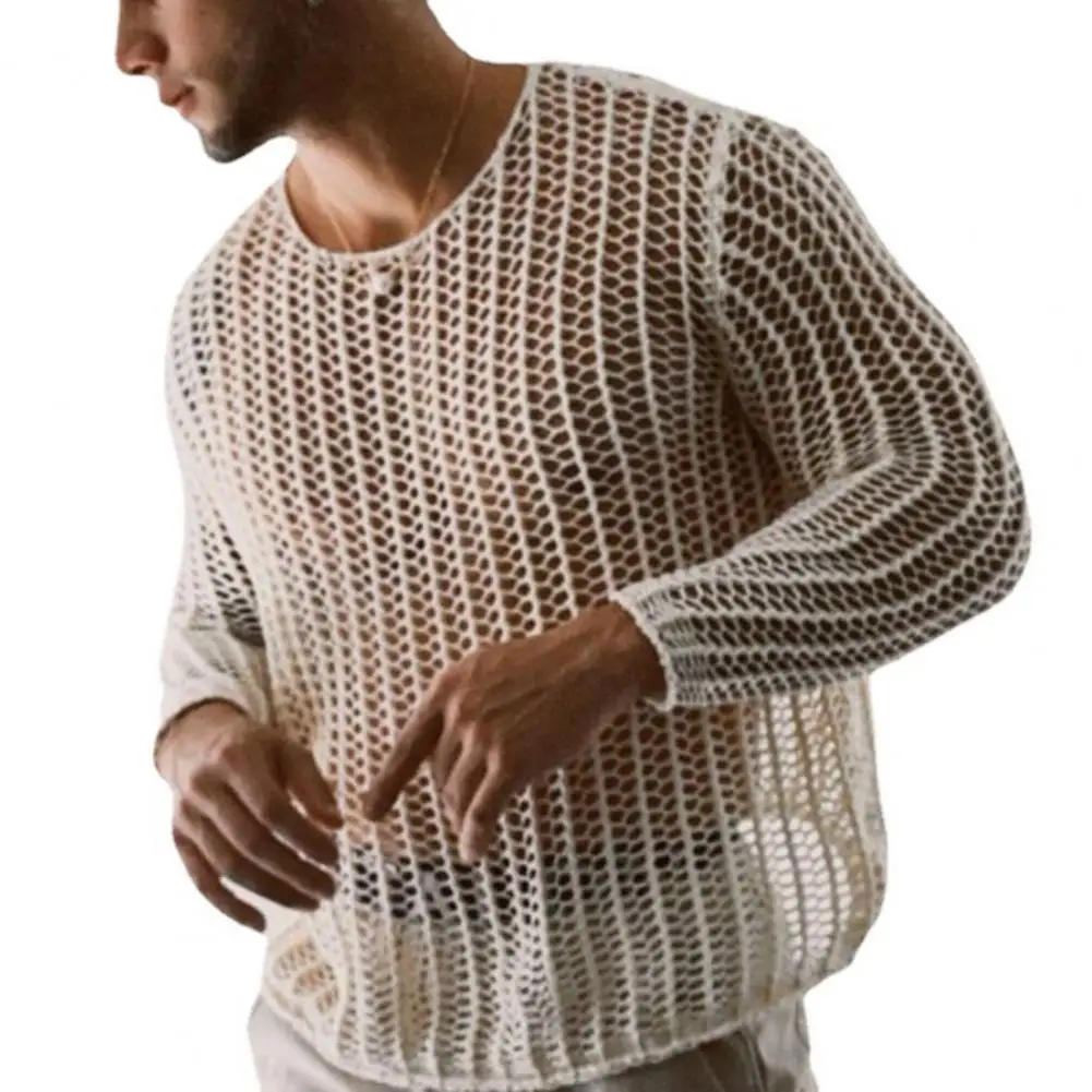 Sexy Dress Up Men Sweatshirts Mesh Top See Through Hollow-out Bottoming Shirt Knitted Mesh Top Male Sweatshirts Summer