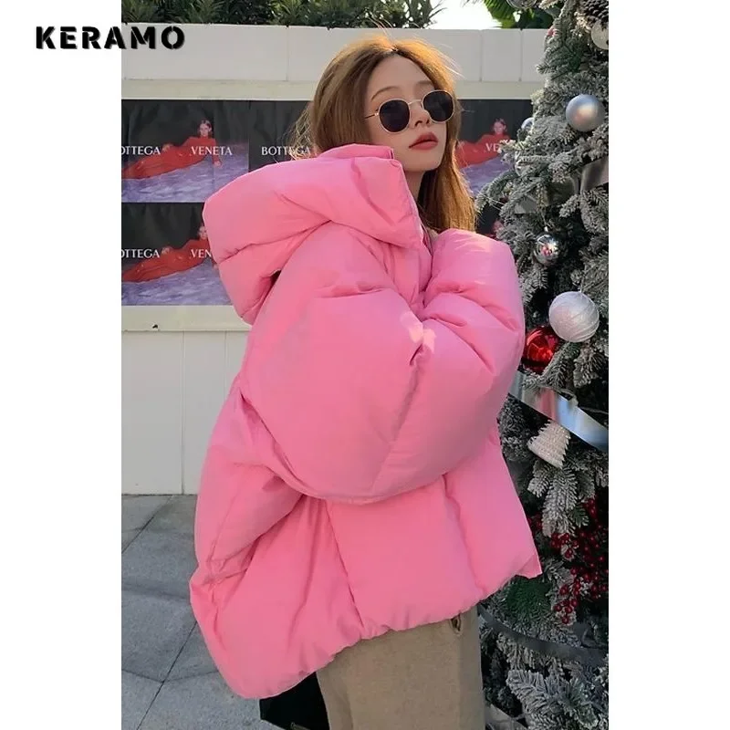 Women Casual Solid Color Sweet Long Sleeve Zipper Parkas 2024 Winter Short Outerwear Jacket Lovely Warm Hooded Thick Coat