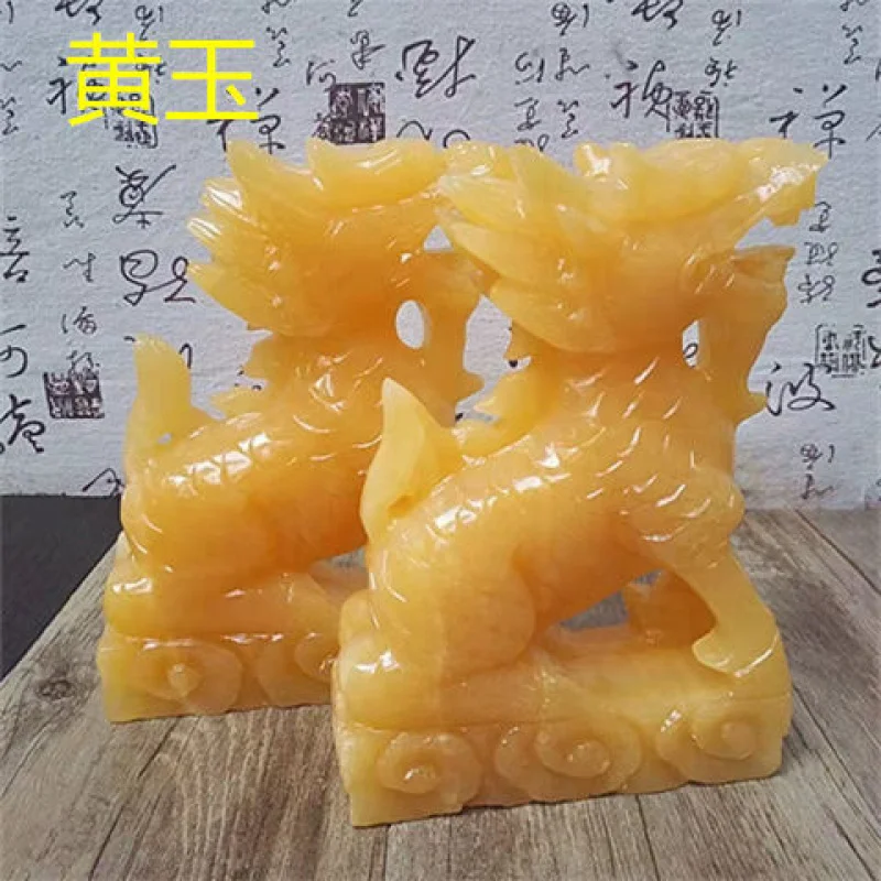 Natural Yellow Jade Fortune Unicorn Decorations Lucky Kirin House Defend Gift for Children Crafts Wedding Opening Gift