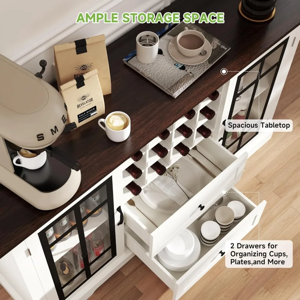 Bauernhaus-Buffetschrank mit Stauraum, großes 59-Zoll-Sideboard, Wein- und Kaffee-Barschrank mit 2 Glastüren, abnehmbares Weinregal, Bu