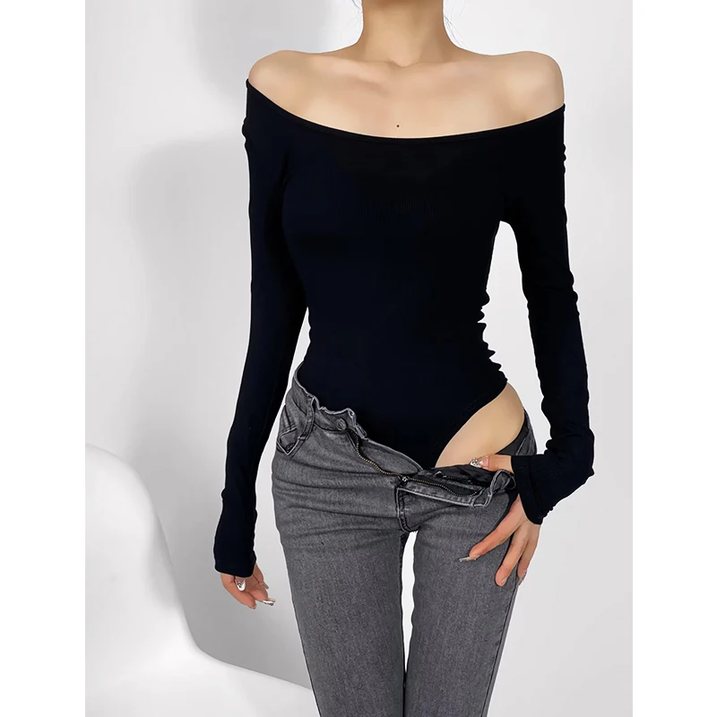 

European and American Style Basic Style Knitted Jumpsuit Women's Front and Back Wearable Stretch Slim Fit Long-Sleeved T-shirt