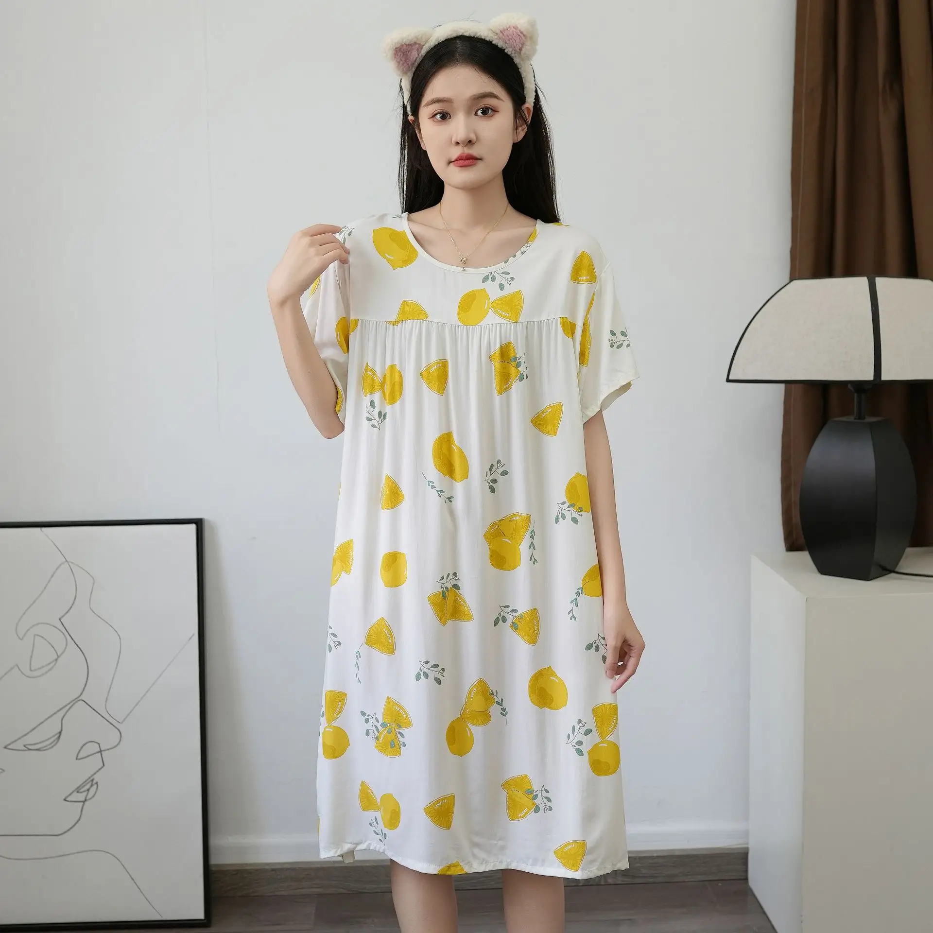Summer One Piece Dress Sleepwear For Sleeping Woman Thin Night Wear Printing Home Wear Dress Nightgown Printing Sleepshirt