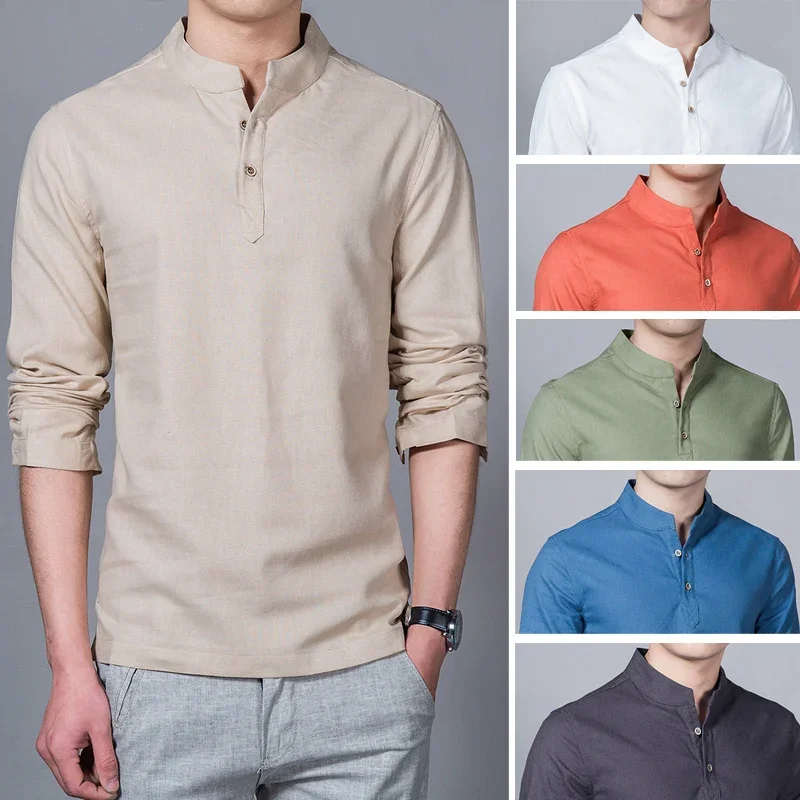 Men\'s Clothing  Men Spring Tops & Tees Male Fashion T-Shirts Stand Collar Long-sleeved Slim Base Shirt Homme Linen t-shirt