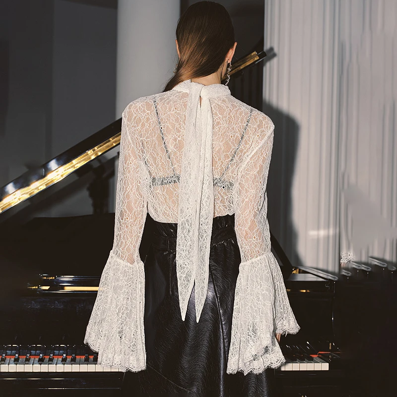 Tornova Sexy Spitze Damen T-Shirt Rüschenärmel Band Bluse Mode Pullover Top 2025, Herbst Winter Casual Büro Dame T-Shirt