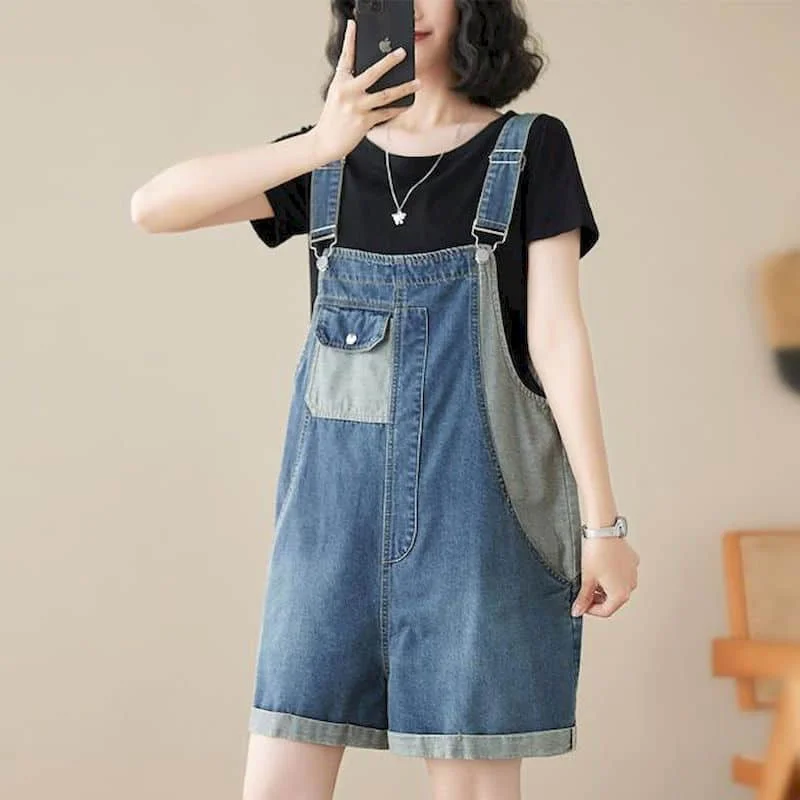 

Denim Jumpsuits Vintage Korean Fashion Romper Patchwork Loose Wide Leg Shorts Casual Bodysuits One Piece Outfits Women Clothing