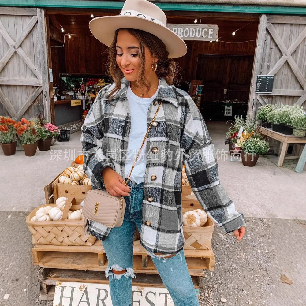 Europe America 2025 Autumn and Winter New Fashion Large Plaid Shirt Women's Woolen Jacket