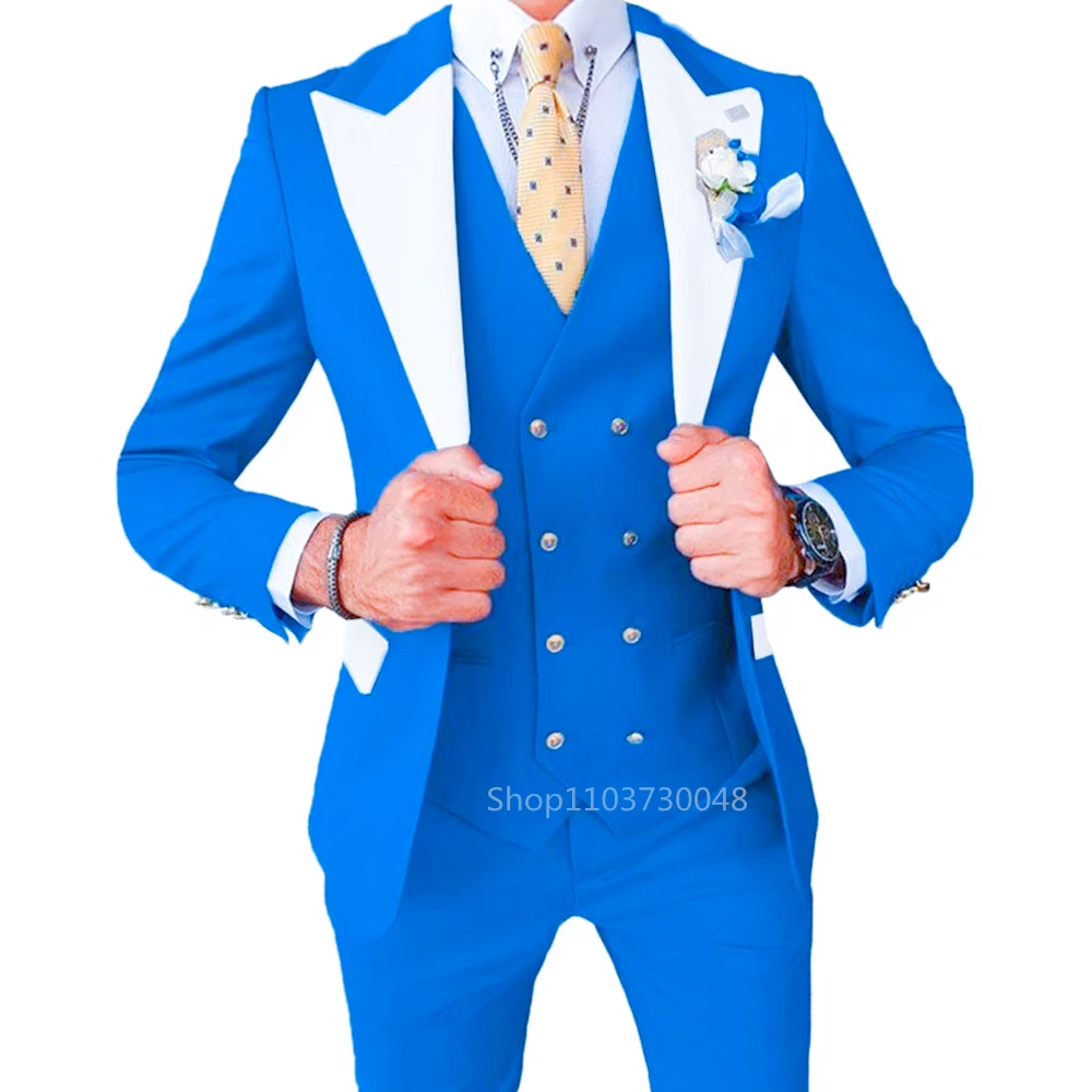 

Blue Slim Fit Men Suit Single-breasted Peak Lapel Blazer 3 Pieces(Jacket+Pants+Vest) Male Formal Wedding Business Party Set