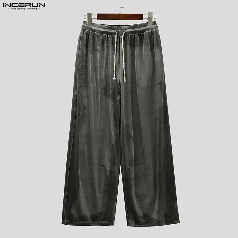 

INCERUN Men Pants Solid Drawstring Joggers Casual Trousers Men Velour Loose Shiny Streetwear Korean Style Fashion Long Pants