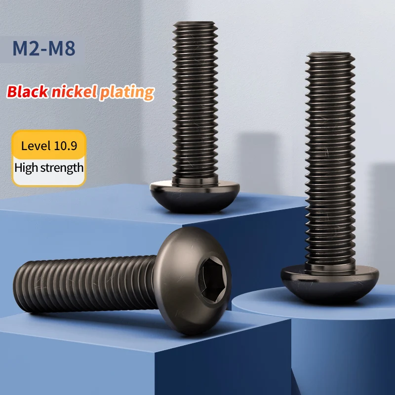 Grade 10.9 High Strength Black Nickel Round Head Hexagon Screw Bolts Disc Head Screw Fittings M2 M2.5 M3 M4 M5 M6 M8