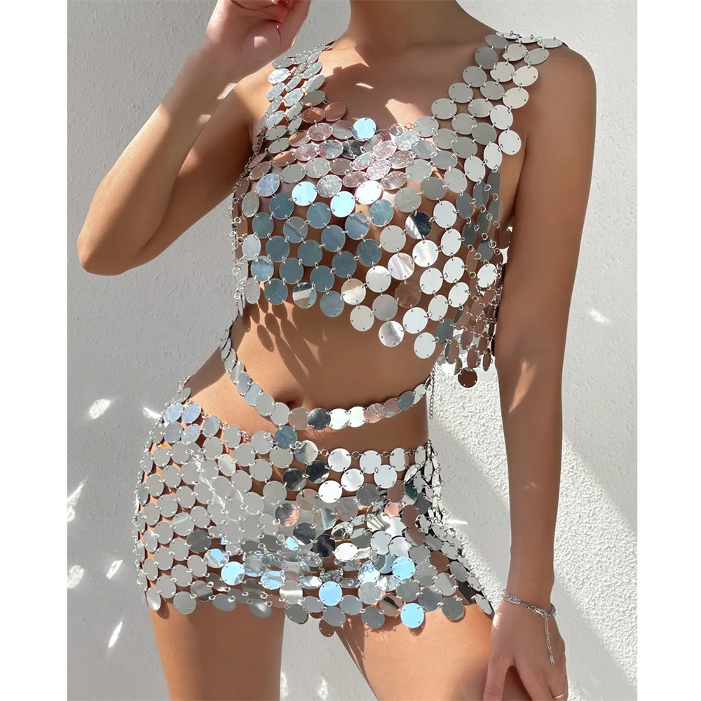 

Glitter Round Sequin Skirt Suit Sexy Dress Fashion Women Dress Sets Hand Stitching Top Hollow Out Tank Tops + Mini Skirts