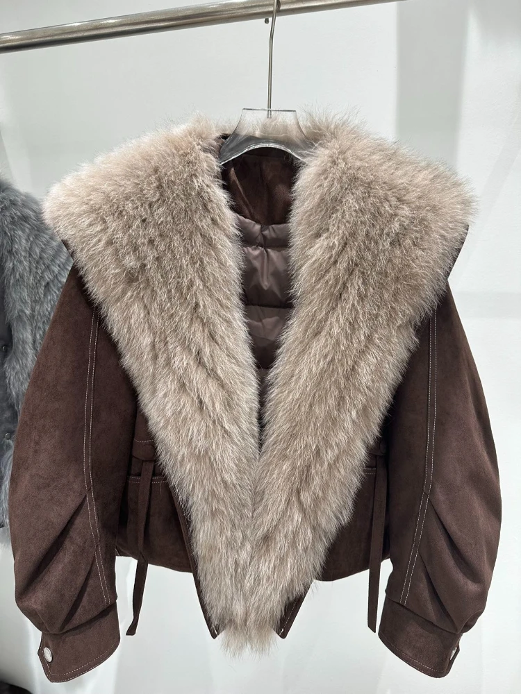 Down Jacket Winter Female Cropped Quilted Big Real Fur Lapel Suede TextureThermal Warm Loose Silhouette Street Style Outer Coat