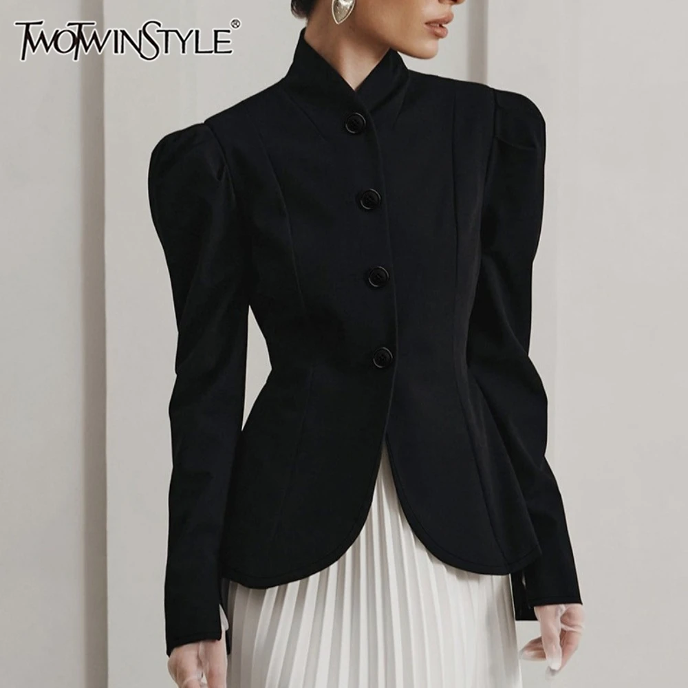 TWOTWINSTYLE French Elegant Retro Black Blazer for Women Stand Collar Puff Sleeve Slimming Commuter Coats Female Winter Clothing