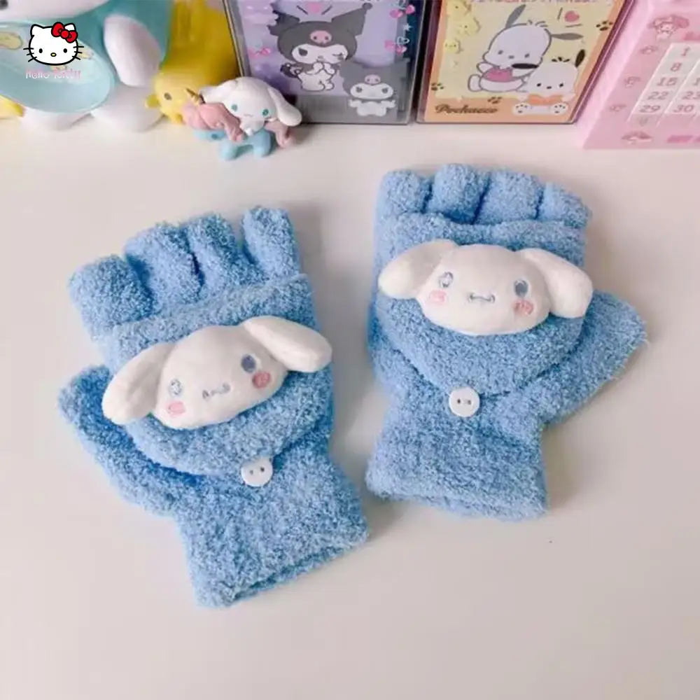 Cinnamoroll Anime Sanrio Kuromi Plush Flip Warm Outdoor Cold Proof Cover Gloves Exposed Fingers Mobile Touch Screen Gloves 5-16Y