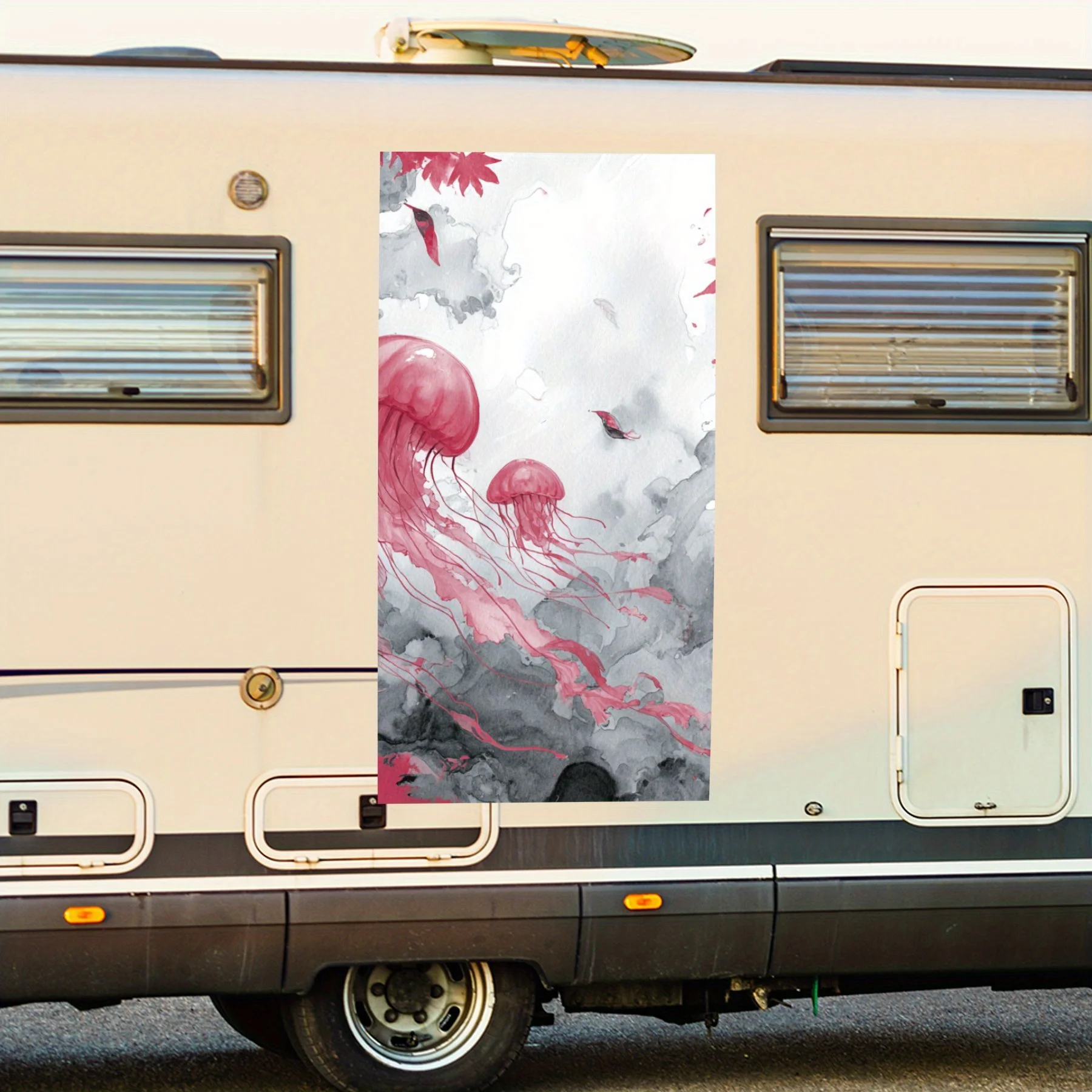 

Red Jellyfish and Maple Leaves,Waterproof Vinyl Decal for RV Side, Self - Adhesive Stickers to Decorate & Protect RV Body, Perfe
