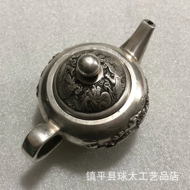 Antiqued Qing Dynasty Qianlong Era , Silver-Plated Bronze, Embossed Dragon and Phoenix Pot, Craft Ornament